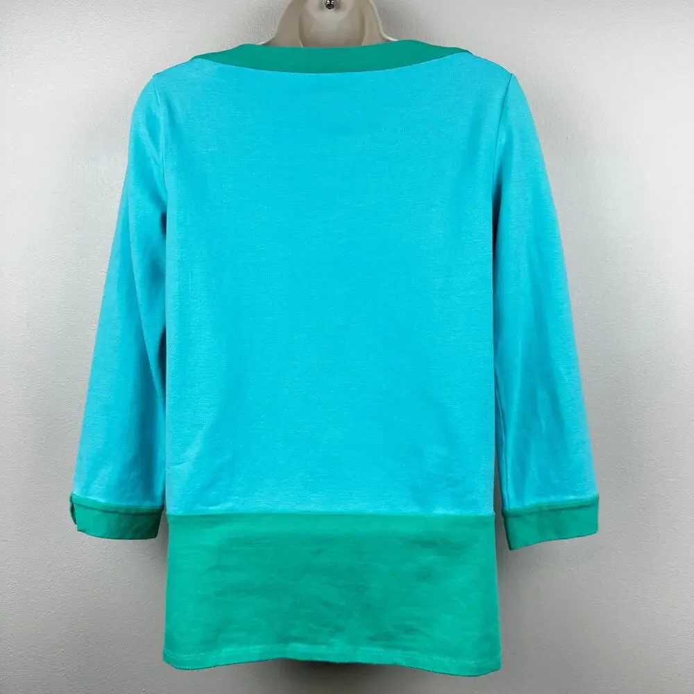 Kate Spade Knit Top Boatneck Color Block Turquoise Green Small Preppy Classic